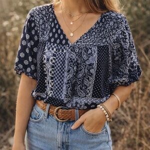 Alex & Lili Patchwork Boho Peasant Blouse Navy Blue Paisley Print Smocked Top M
